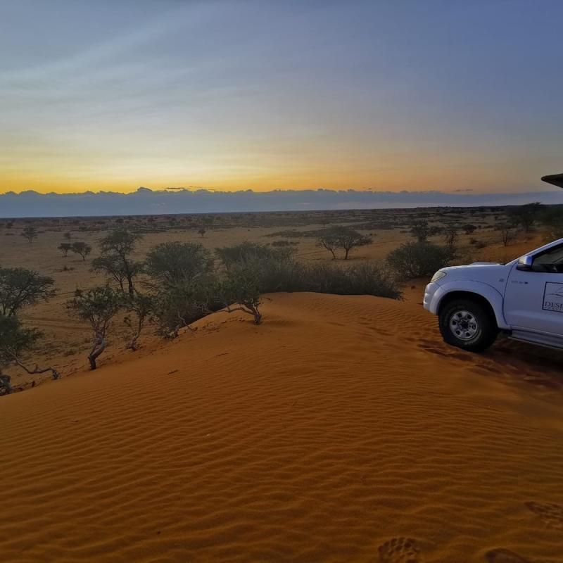 Geländewagen auf der roten Kalahari-Düne bei Sonnenuntergang