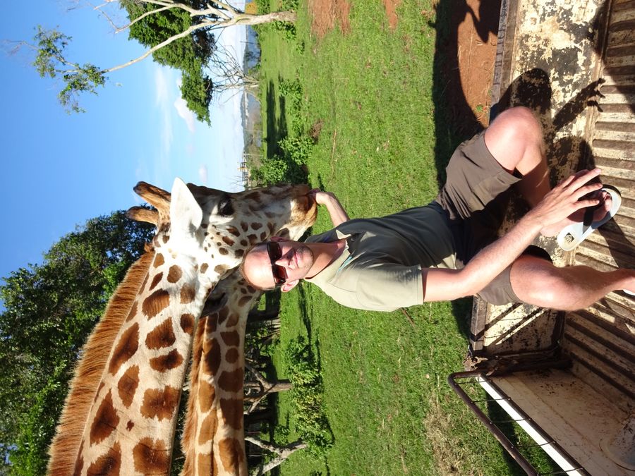 Dirk in Uganda mit handzahmen Giraffen