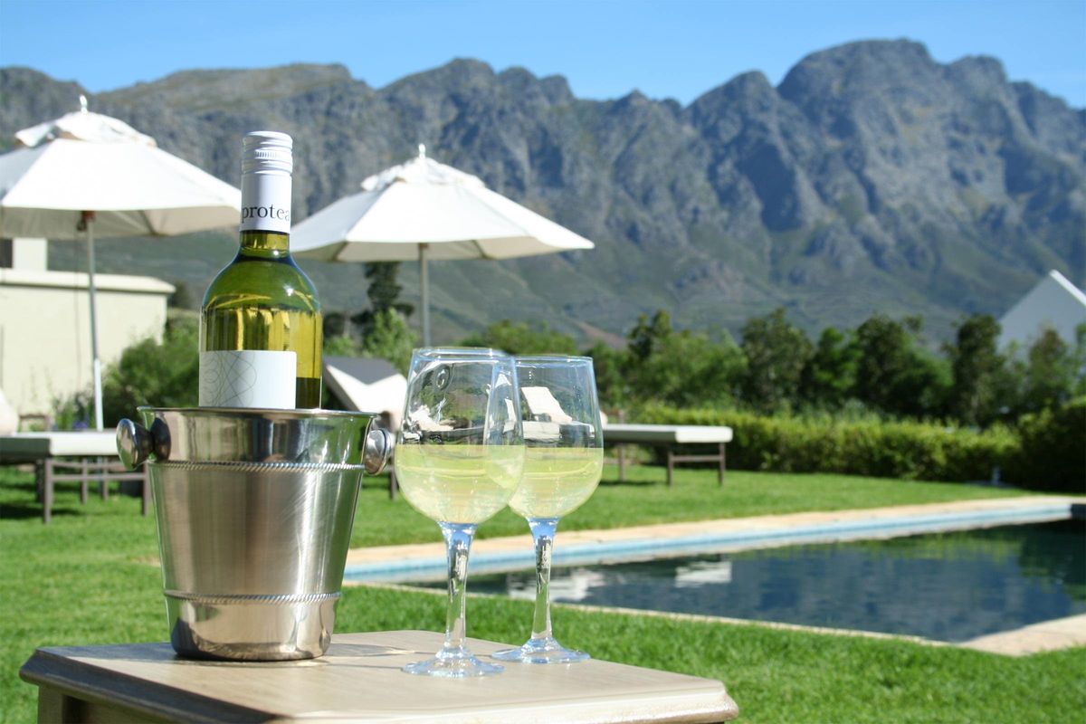La Cabriere enjoying good wine at the pool