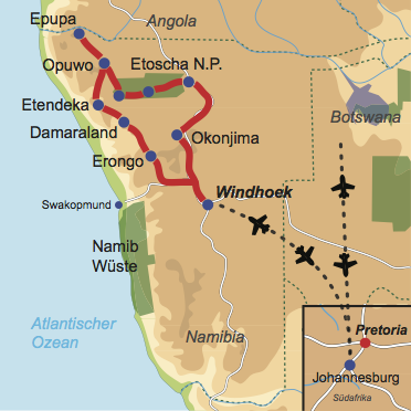 Karte und Reiseverlauf: Auf den Spuren der Himbas - Mietwagen-Rundreise in den Norden Namibias bis hin zum Kaokoveld