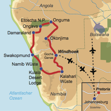 Karte und Reiseverlauf: Best of Namibia - Mietwagen-Rundreise der Extraklasse