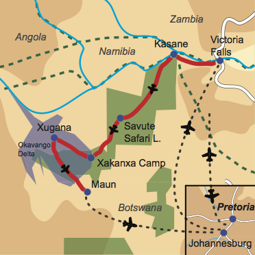 Karte und Reiseverlauf: Botswana – „gemütlich“ - Viktoria Fälle und Fly-In Safari zu Botswanas Tierparadiesen