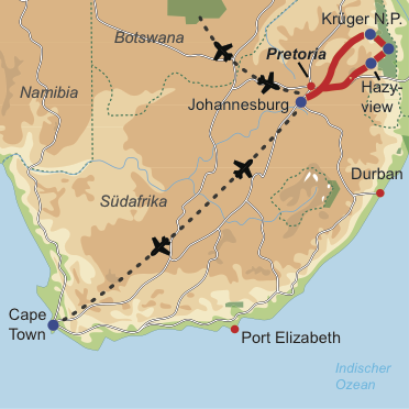 Karte und Reiseverlauf: Bush & Cape Adventure - Geführte Safari mit anschliessendem Aufenthalt in der Kapregion