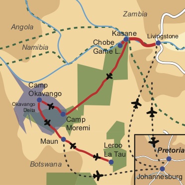Karte und Reiseverlauf: Follow me ... - Honeymoon in Zambia und Botswana 