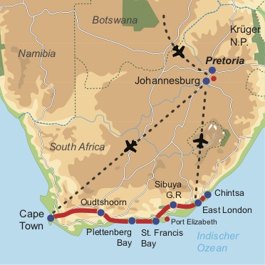 Karte & Reiseverlauf: Garden Route Safari - Gemütliche Südafrika Mietwagenreise entlang der Garden Route 