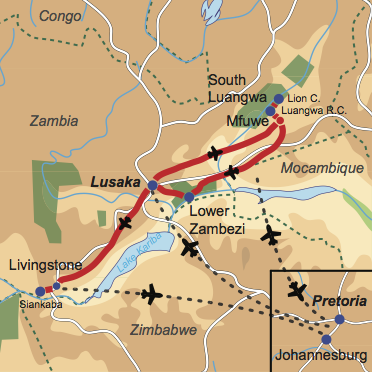 Karte und Reiseverlauf: Geheimtip Zambia – Natur hautnah - Exklusive Fly-In-Safari ins unberührte Zambia