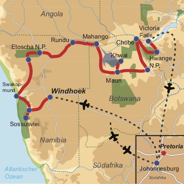 Reiseverlauf: Great Trans-African Lodge Safari - 22-tägige Kleingruppen-Lodge-Safari von Windhoek nach Victoria Falls durch Namibia, Simbabwe und Botswana