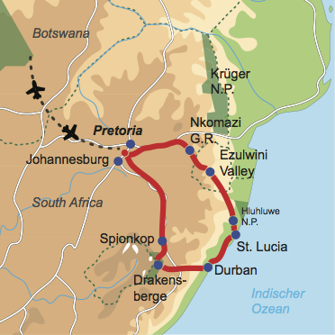 Karte & Reiseverlauf: Kwazulu-Natal Explorer - Aktive Südafrika Mietwagenrundreise 