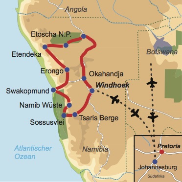 Karte und Reiseverlauf: Namibia – aktiv und naturnah - Interessante Mietwagen-Rundreise für wanderfreudige Reisegäste