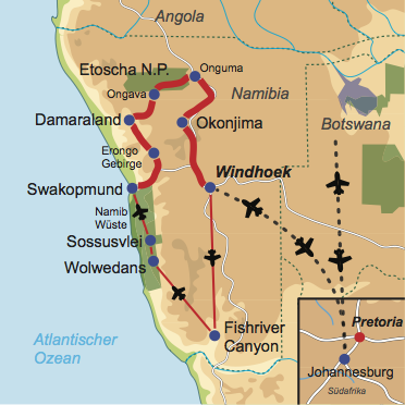 Karte und Reiseverlauf: Namibia Deluxe - Exklusive Fly-In Safari kombiniert mit einer Privattour