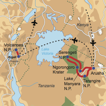 Karte und Reiseverlauf: Serengeti, Vulkane & Silberrücken - Tanzania Safari & Gorilla Tracking in Ruanda