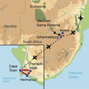 Karte und Reiseverlauf: Südafrika für Genießer - Mietwagen-Rundreise am Kap und Safari im Madikwe Game Reserve