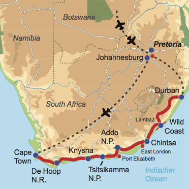Karte und Reiseverlauf: Südafrika „Walk on the Wild Side” - Mietwagen-Rundreise entlang der Wild Coast – aktiv und naturnah
