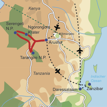 Karte und Reiseverlauf: Tanzanias Höhepunkte - Familienfreundliche Safari- und Badekombination