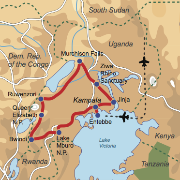 Karte und Reiseverlauf: Uganda Explorer - Geführte Abenteuer-Rundreise zu den Highlights