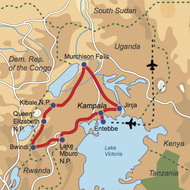 Karte und Reiseverlauf: Uganda – Wildnis pur - Privatsafari zu den Highlights Ugandas