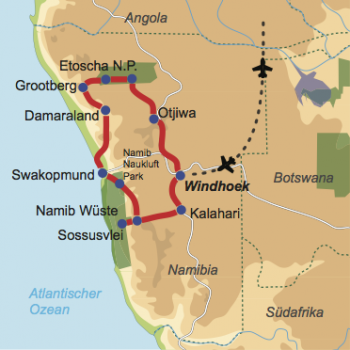 Karte & Reiseverlauf: Unter dem Sternenzelt Namibias - 4x4 Campertour zu den Highlights Namibias