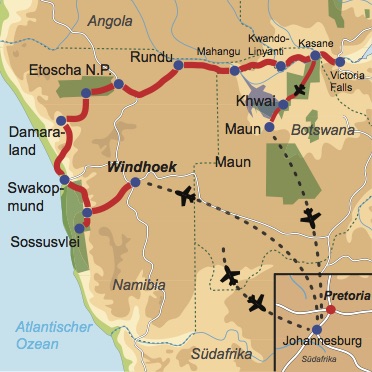 Karte und Reiseverlauf: Vom roten Sand ins grüne Land - Mietwagenreise durch den Caprivi-Strip mit Fly-In Safari Okavango Delta