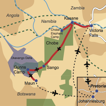 Karte und Reiseverlauf: Wings over Botswana - Fly-In Safari zu Botswanas Tierparadiesen