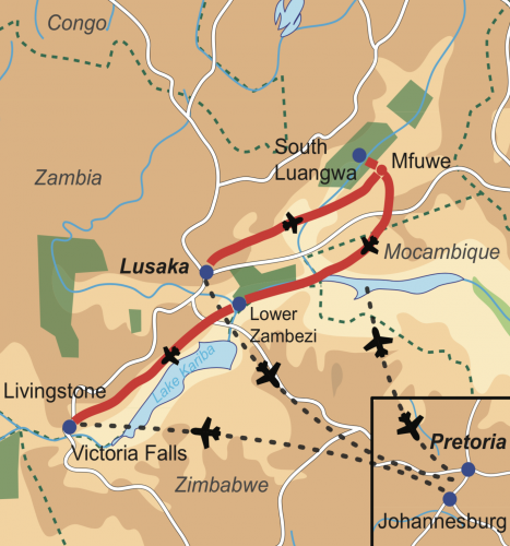 Reiseverlauf Zambia für Preisbewusste: Flugsafari zu den Highlights Zambias Inklusive Victoria Fälle