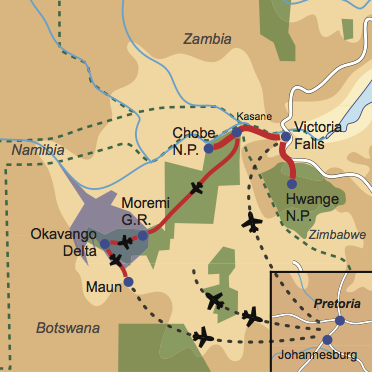 Karte & Reiseverlauf: Zimbabwe & Botswana Explorer - Interessant, länderübergreifende Safarikombination