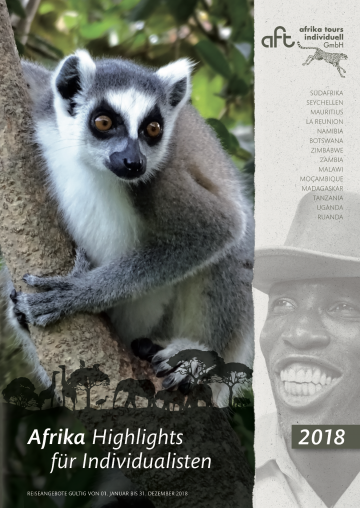 neuer Reisekatalog 2018 von afrika tours individuell GmbH, Cover zeigt einen Lemur