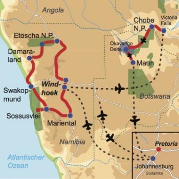 Karte und Reiseverlauf: Akazie - Facettenreiche Mietwagen-Rundreise Namibia und Fly-In Safari durch Botswana