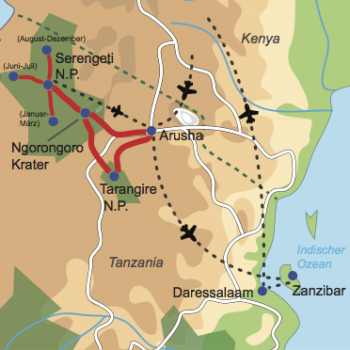 Karte und Reiseverlauf: Auf den Spuren der großen Tierwanderung - Privatsafari und Baden auf Zanzibar