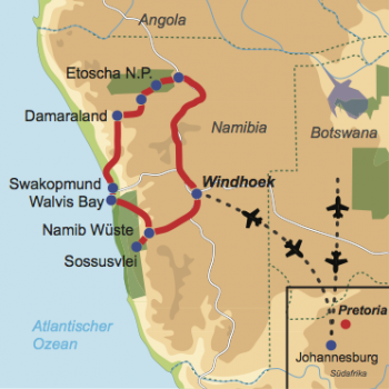 Karte und Reiseverlauf: Auf „Pad“ in Namibia - Deutschsprachige Busreise in Kleingruppen