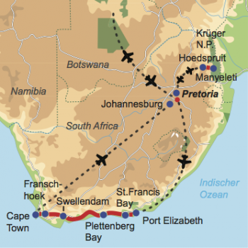 Karte und Reiseverlauf: Best of South Africa - Flugsafari Krüger Park und Mietwagentour Garden Route