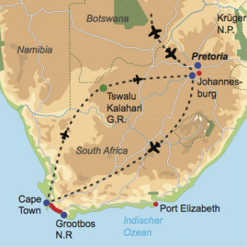 Karte und Reiseverlauf: Cape & Kalahari in Style - Rundreise vom Kap zu den Buschmännern der Kalahari
