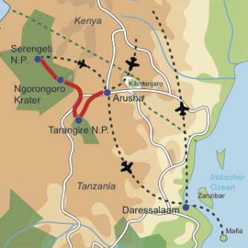 Karte und Reiseverlauf: Footsteps ins Paradies - Honeymoon in Tanzania – Safari und Trauminsel-Kombination