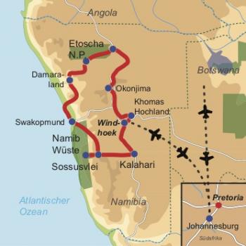 Karte & Reiseverlauf: Hochzeitstraum Namibia - Mietwagenrundreise für „Honeymooner“ zu den Highlights Namibias