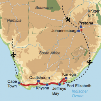 Karte und Reiseverlauf: Kinderparadies Südafrika - Mietwagen-Rundreise Garden Route – Kapstadt