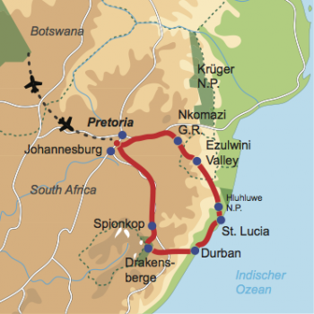 Karte & Reiseverlauf: Kwazulu-Natal Explorer - Aktive Südafrika Mietwagenrundreise 