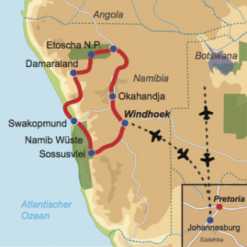 Karte und Reiseverlauf: Mit Kindern durch Namibia reisen - Kinderfreundliche Mietwagen-Rundreise