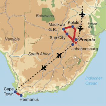 Karte & Reiseverlauf: Mit Kindern durch Südafrika reisen - Kinderfreundliche Mietwagen-Rundreise