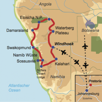 Karte und Reiseverlauf: Namibias Highlights relaxed - Mietwagen-Rundreise zu Namibias Highlights