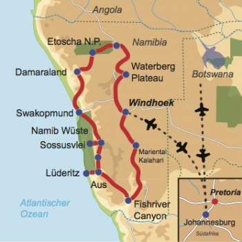 Karte und Reiseverlauf: Namibias Horizonte - Interessante Mietwagen-Rundreise