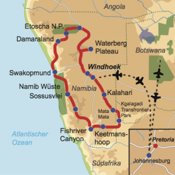 Karte und Reiseverlauf: Namibias Schätze der Natur - Interessante Mietwagen-Rundreise für Naturliebhaber