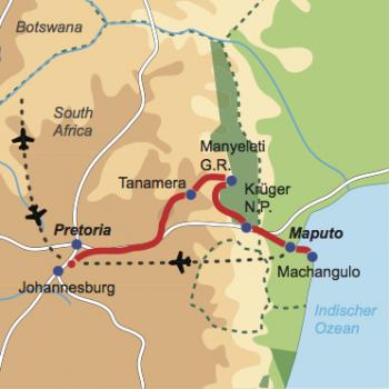 Karte und Reiseverlauf: Piri Piri - Safariabenteuer in Südafrika mit Badeaufenthalt in  Mosambik