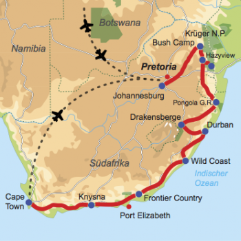 Karte und Reiseverlauf: Südafrika für Junge und Junggebliebene - Geführte Abenteuer-Rundreise naturnah und aktiv