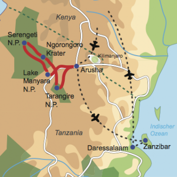 Karte und Reiseverlauf: Tanzania zum Kennenlernen - Tierwelt Tanzanias und Baden auf Zanzibar
