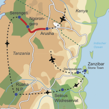 Karte und Reiseverlauf: Ultimate Tanzania - Nord Süd Safarikombination und Stone Town