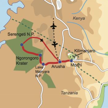 Karte und Reiseverlauf: Weißer Berg und wilde Tiere - Kilimanjaro Besteigung und Safari-Vergnügen