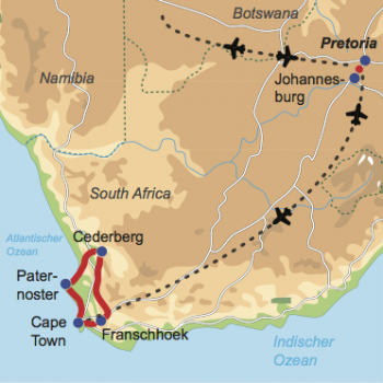 Karte und Reiseverlauf: Westcoast Explorer - Mietwagen-Rundreise durch die Winelands entlang der Westküste nach Kapstadt