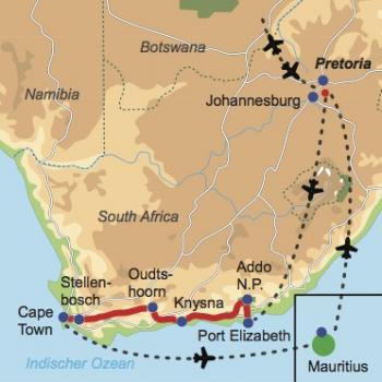 Reiseverlauf: Wildnis & Traumstrand - Mietwagen-Rundreise Südafrika mit Badeverlängerung auf Mauritius