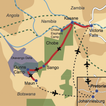 Karte und Reiseverlauf: Wings over Botswana - Fly-In Safari zu Botswanas Tierparadiesen